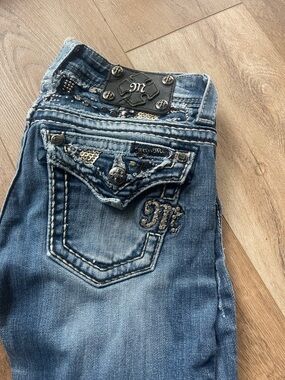 Miss Me Distressed Blue Boot Cut Jeans with Embellished Pocket